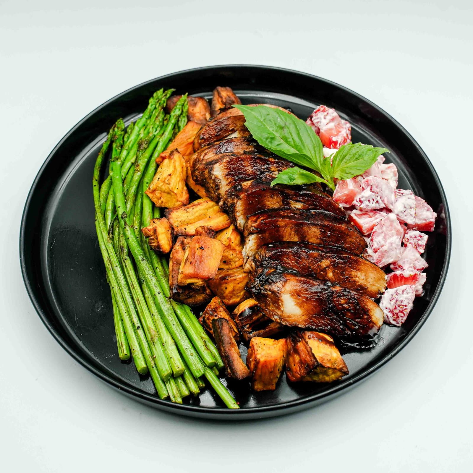 Grilled Balsamic Chicken with Strawberries, Feta, Asparagus & Crispy Sweet Potatoes