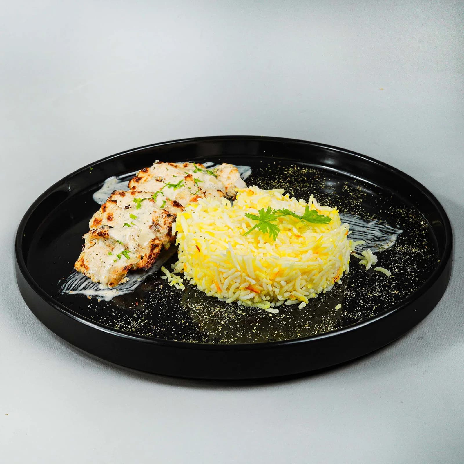chicken mallai tikka with saffron rice 
