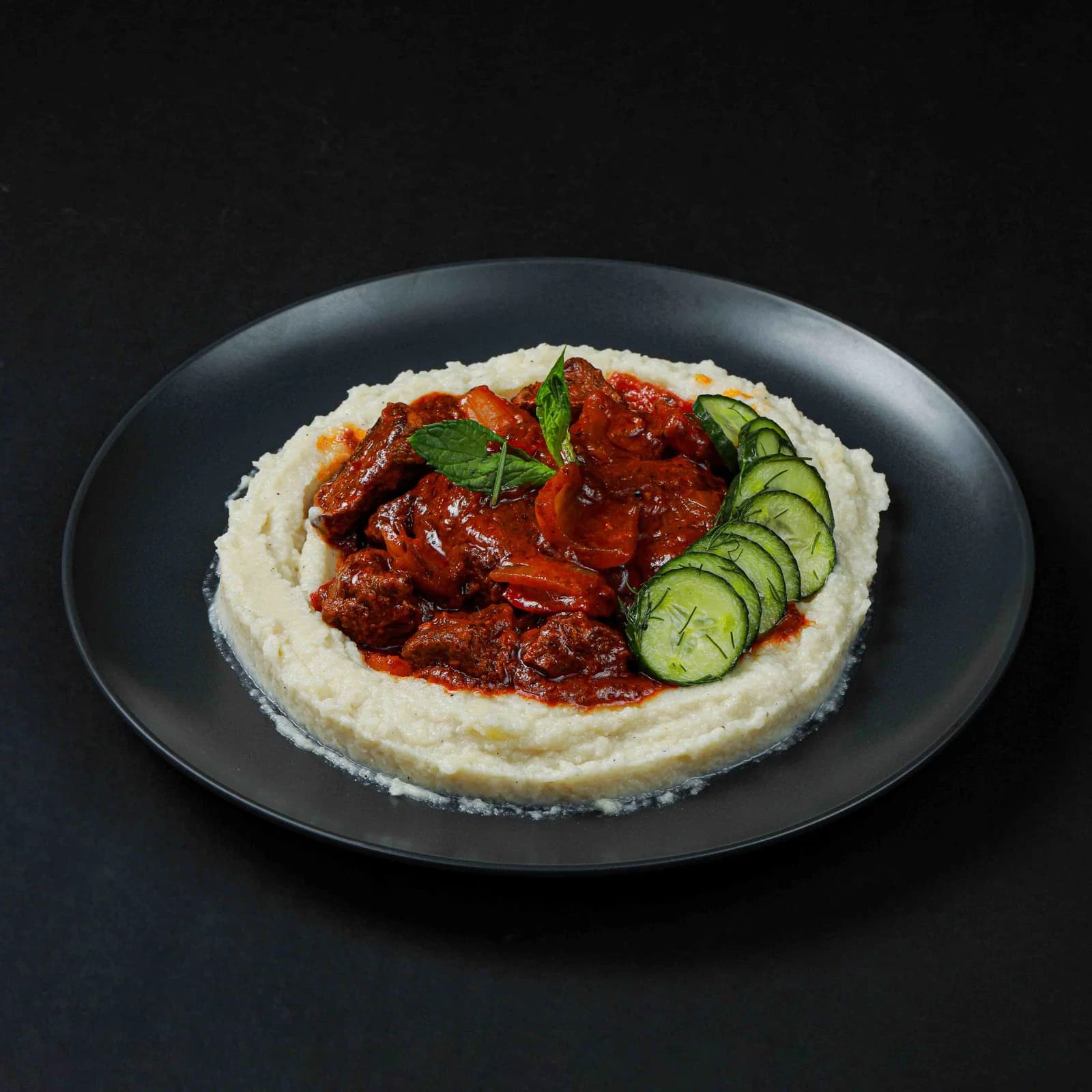 Hungarian Beef Goulash with Creamy Mashed Potatoes & Pickled Cucumber