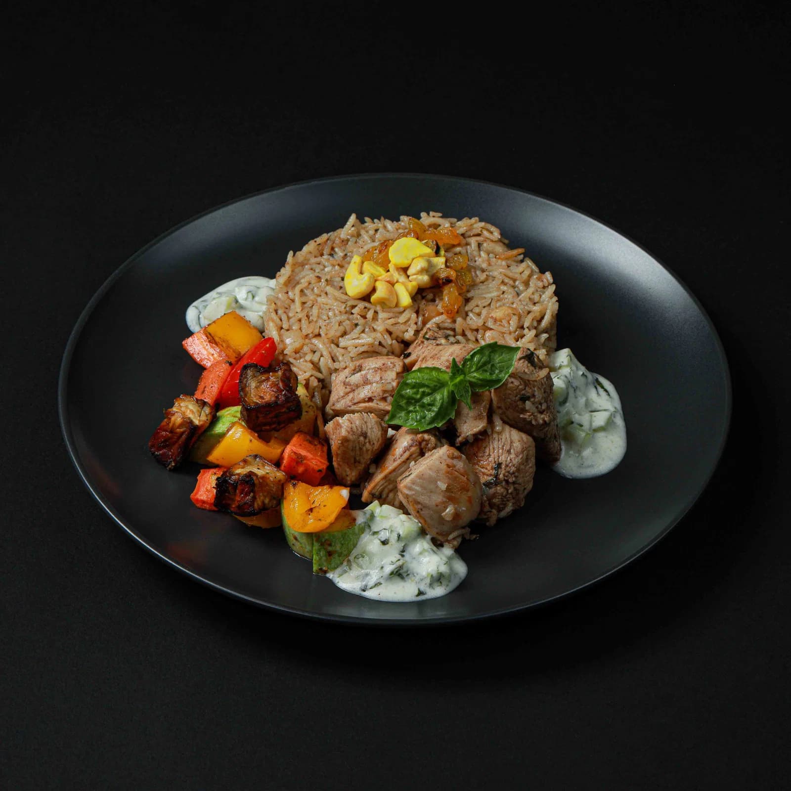 Chicken Roz Bel Khalta with Grilled Seasonal Vegetables & Cucumber Yogurt Salad