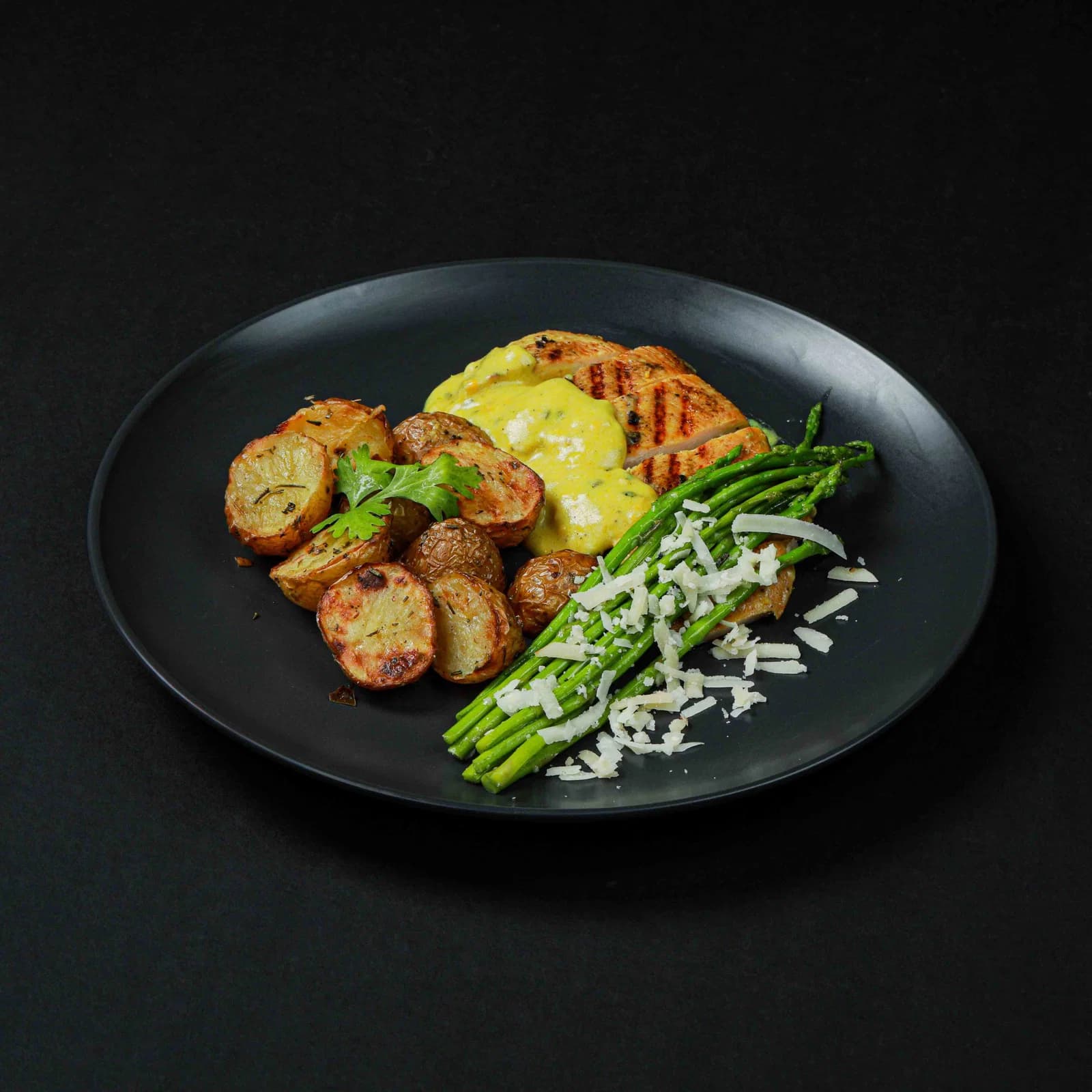 Dijon Mustard Chicken with Herb-Roasted Baby Potatoes & Asparagus