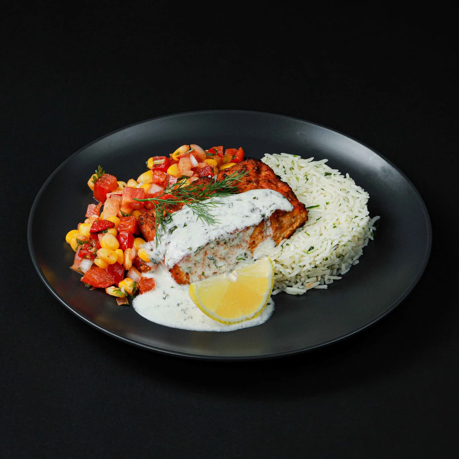 Blackened White Fish with Cilantro Lime Rice & Grilled spicy Corn Salsa
